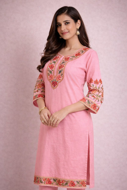 Ruaati Women Pink Reyon Embroidered Ethnic Wear with Traditional Neck & Border Work Kurti Set