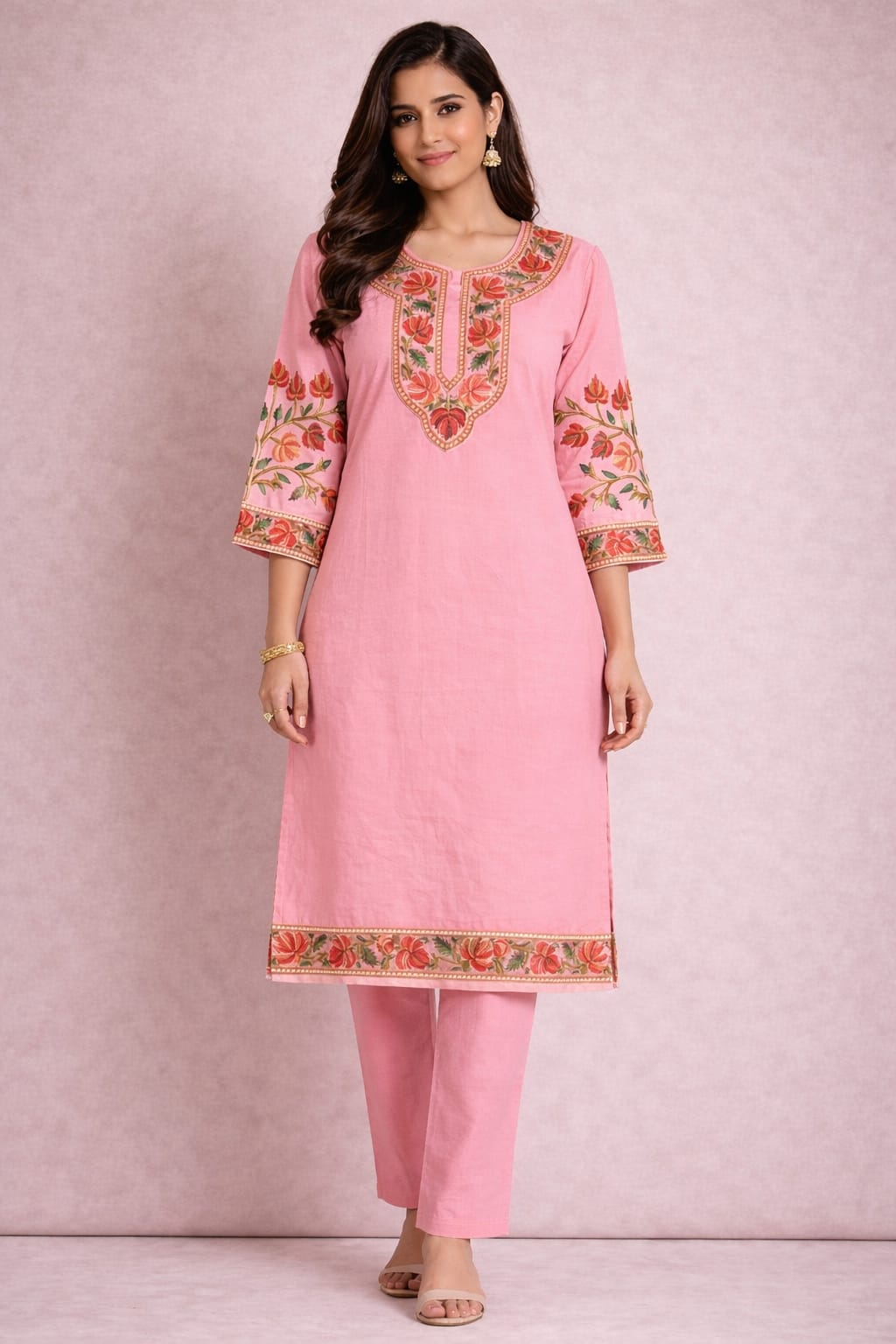 Ruaati Women Pink Reyon Embroidered Ethnic Wear with Traditional Neck & Border Work Kurti Set