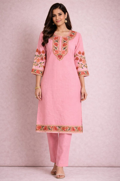 Ruaati Women Pink Reyon Embroidered Ethnic Wear with Traditional Neck & Border Work Kurti Set