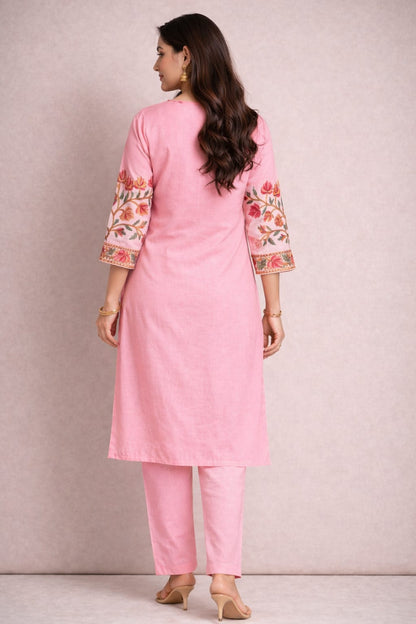 Ruaati Women Pink Reyon Embroidered Ethnic Wear with Traditional Neck & Border Work Kurti Set