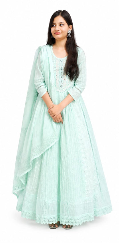 Ruaati Women Mul Cotton Mint Green Embroidered Anarkali Suit Set with Dupatta