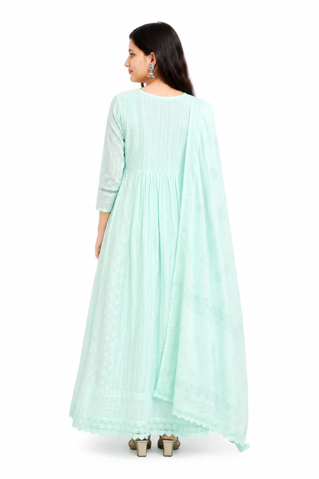 Ruaati Women Mul Cotton Mint Green Embroidered Anarkali Suit Set with Dupatta