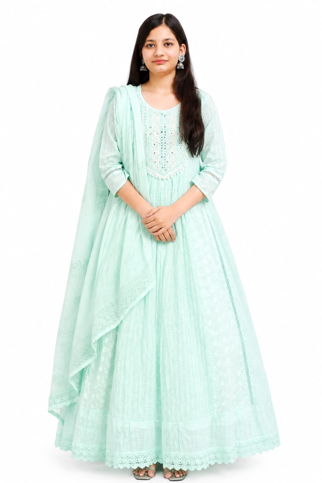Ruaati Women Mul Cotton Mint Green Embroidered Anarkali Suit Set with Dupatta