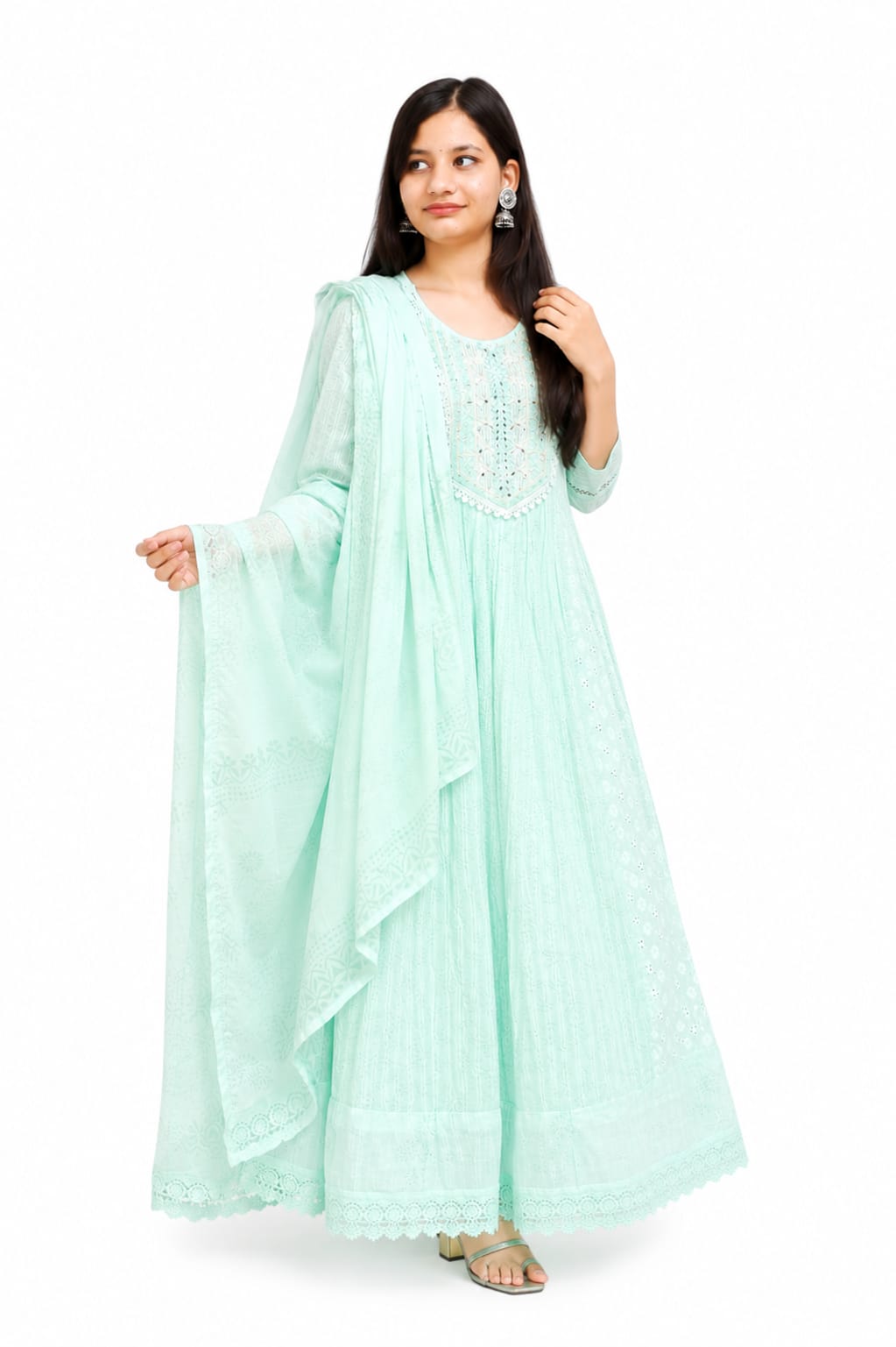 Ruaati Women Mul Cotton Mint Green Embroidered Anarkali Suit Set with Dupatta
