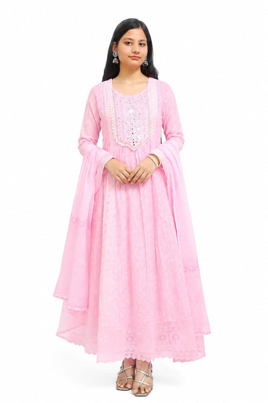 Ruaati Women Mul Cotton Baby Pink Embroidered Anarkali Suit Set with Dupatta