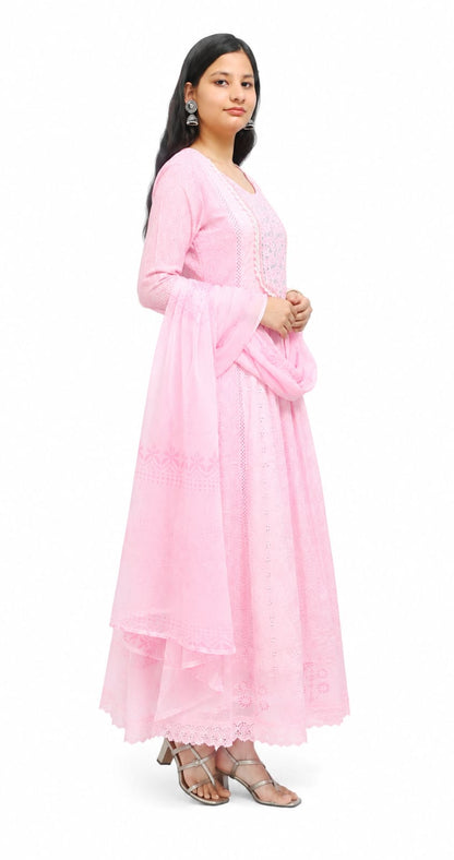 Ruaati Women Mul Cotton Baby Pink Embroidered Anarkali Suit Set with Dupatta