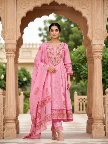 Ruaati Women Mul Cotton Elegant Pink Anarkali Embroidered Kurta Pant Set with Dupatta