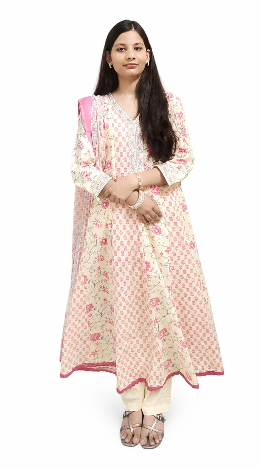 Ruaati Woman Mul Cotton Elegant Pink Floral Anarkali Kurta Set with Dupatta