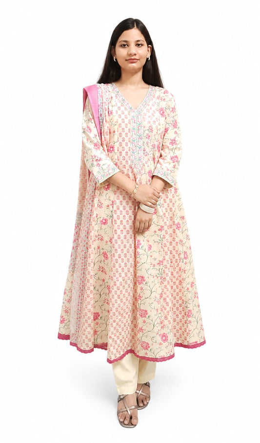 Ruaati Woman Mul Cotton Elegant Pink Floral Anarkali Kurta Set with Dupatta
