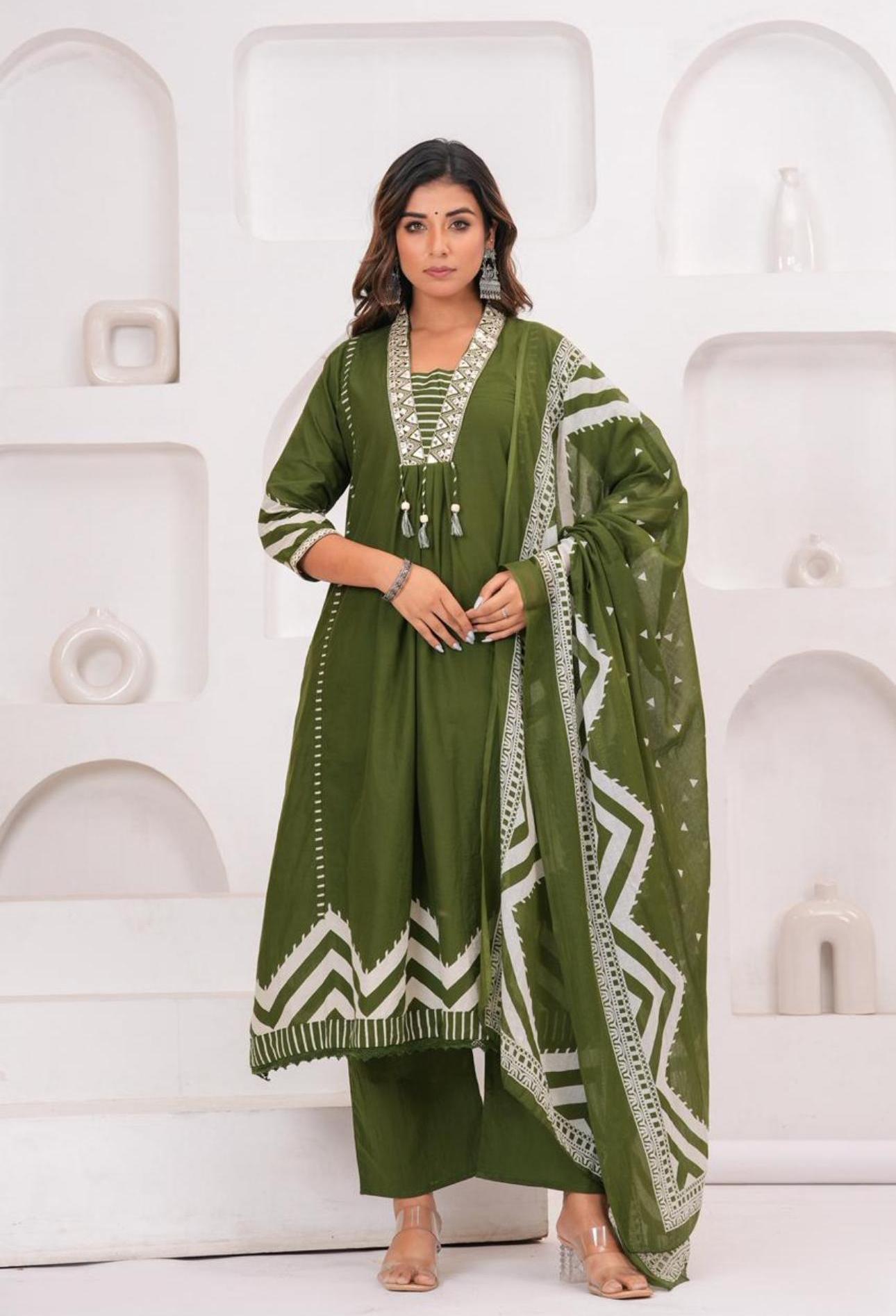 Ruaati Women Olive Green Printed Kurta Set with Dupatta Set