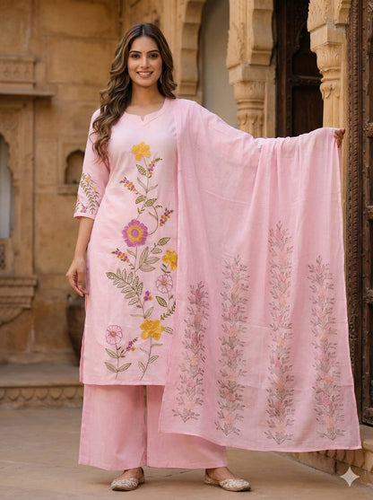 Ruaati Women Mul Cotton Pink Embroidered Kurta Set with Dupatta Set