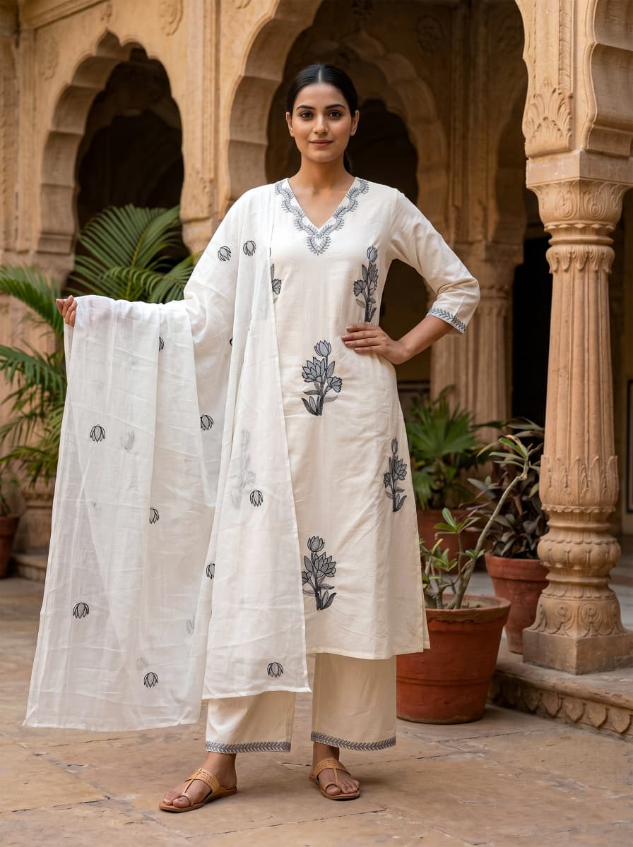 Ruaati Women Premium Mul Cotton Off White & Grey Floral Embroidered Kurta Palazzo Set with Dupatta
