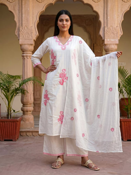 Ruaati Women Premium Mul Cotton White & Pink Floral Embroidered Kurta Palazzo Set with Dupatta