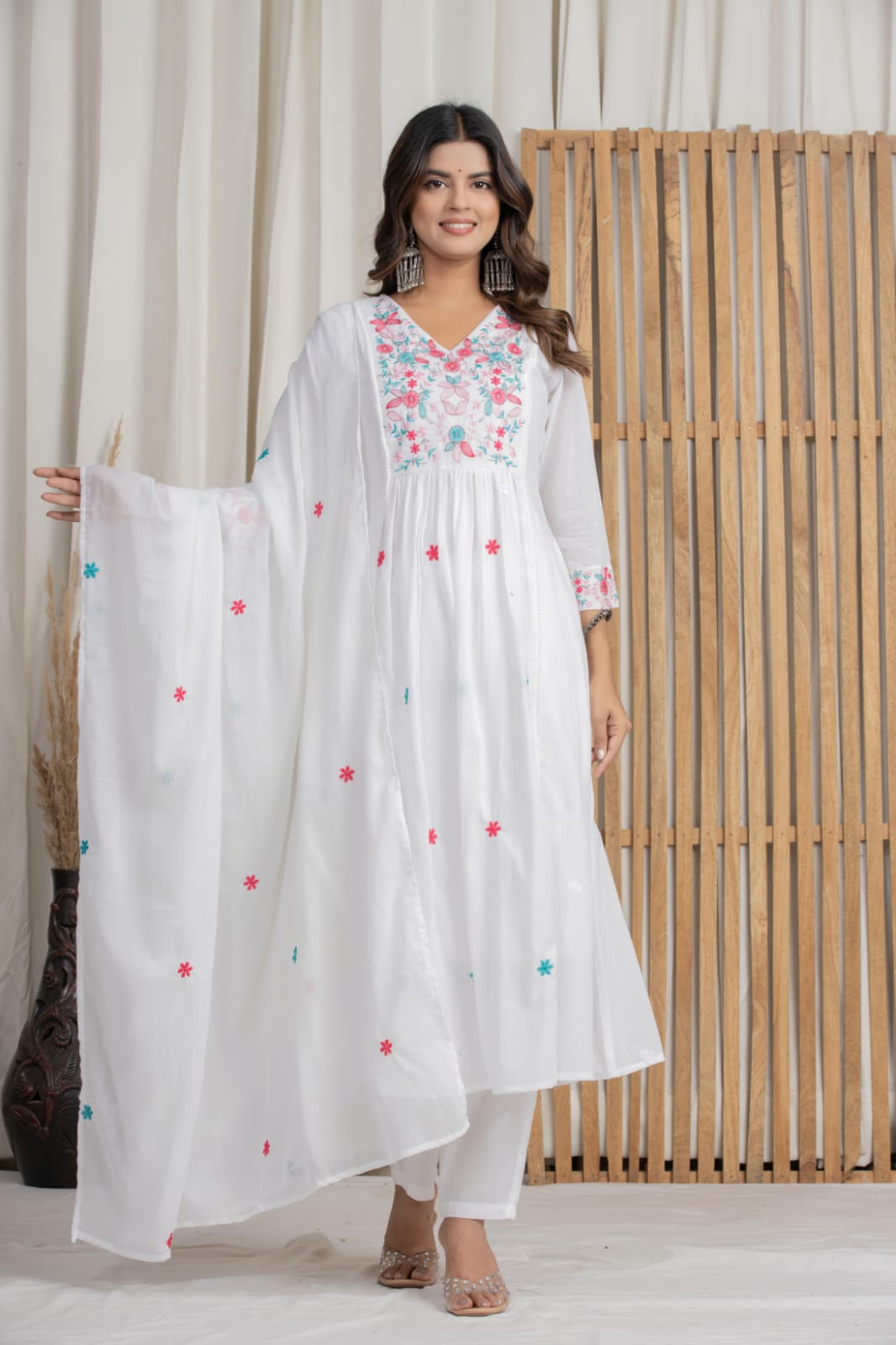 Ruaati Women Mul Cotton White Embroidered Kurta Set with Dupatta for Festive Wear