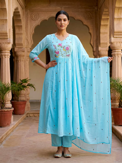Ruaati Women Premium Mul Cotton Sky Blue Floral Embroidered Anarkali Kurta Set with Dupatta