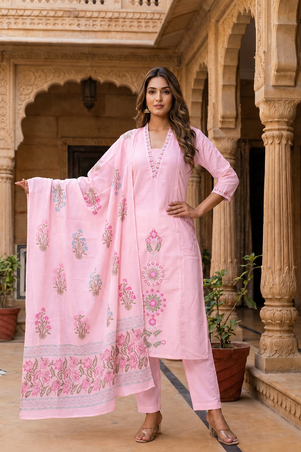 Ruaati Women’s Pink Mul Cotton Embroidered Cotton Kurta Pant Set with Floral Dupatta