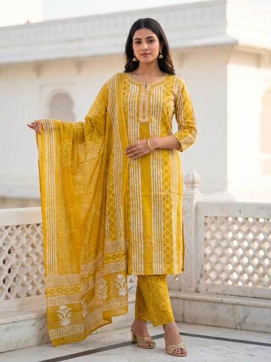 Ruaati Women Premium Cotton Yellow Printed Kurta Pant Set with Designer Dupatta