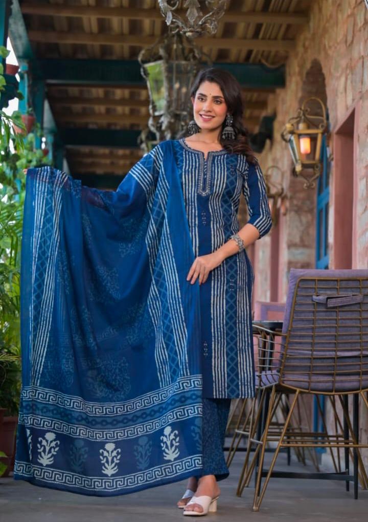 Ruaati Women Premium Cotton Navy Blue Printed Kurta Pant Set with Designer Dupatta