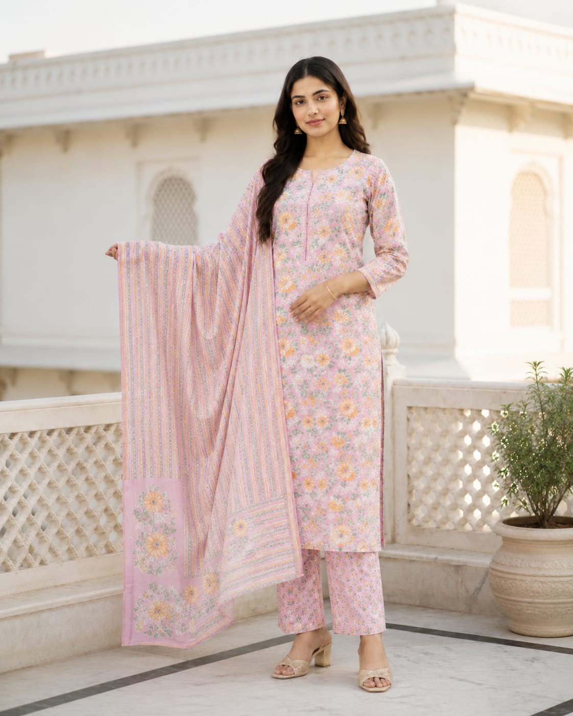 Ruaati Women Premium Cotton Baby Pink Floral Printed Suit Set with Designer Dupatta