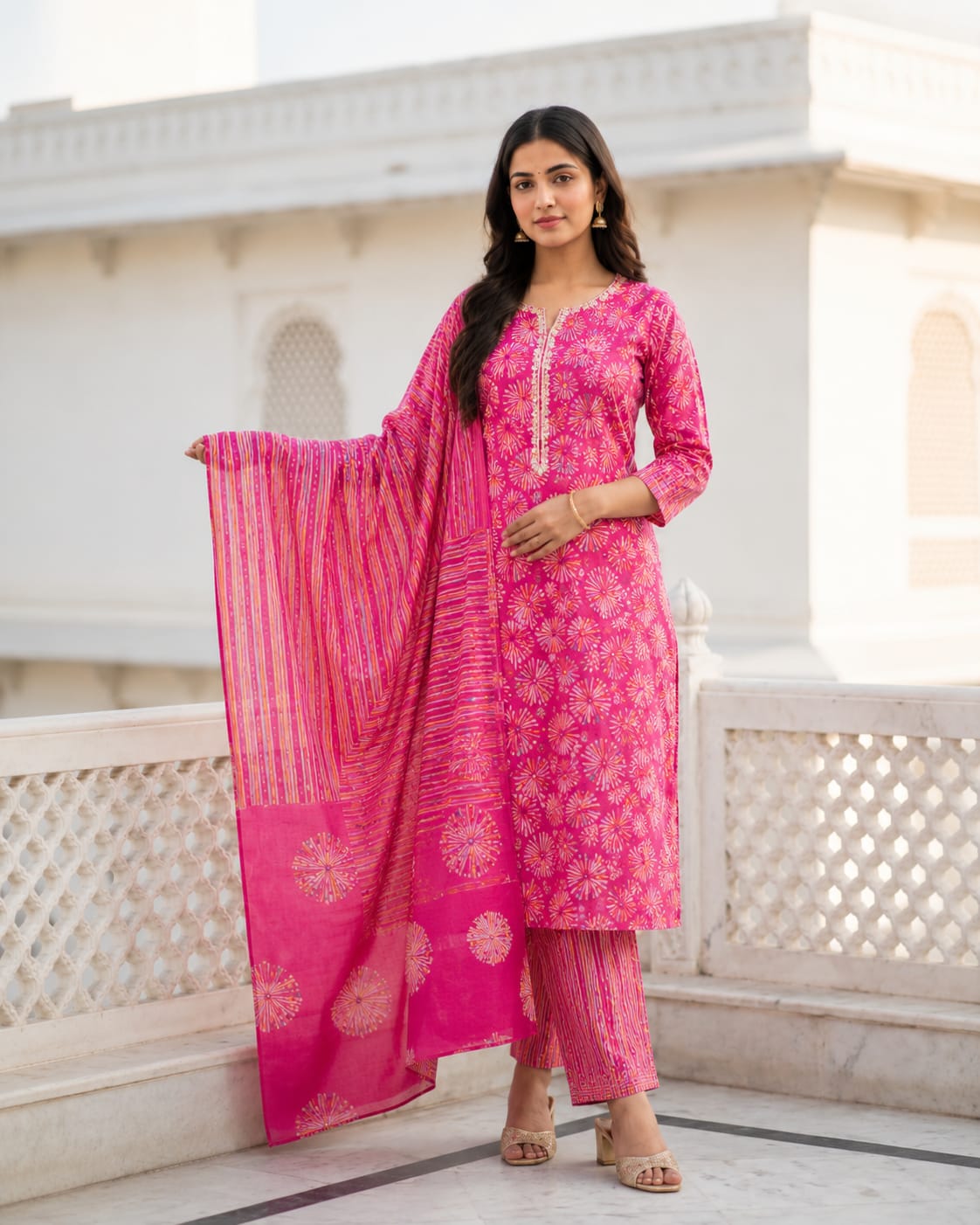 Ruaati Women Premium Cotton Rani Pink Printed Suit Set with Designer Dupatta