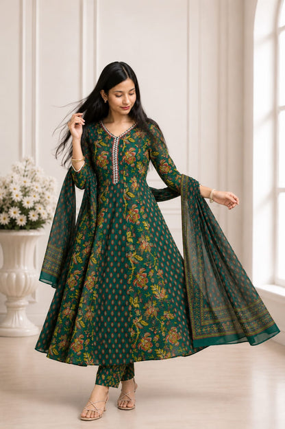 Ruaati Women Mul Cotton Elegant Green Floral Printed Kurta Pant Set with Dupatta