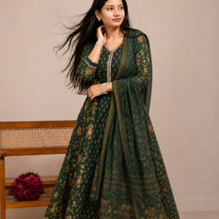 Ruaati Premium Dark Green Floral Printed Anarkali Suit Set with Matching Dupatta