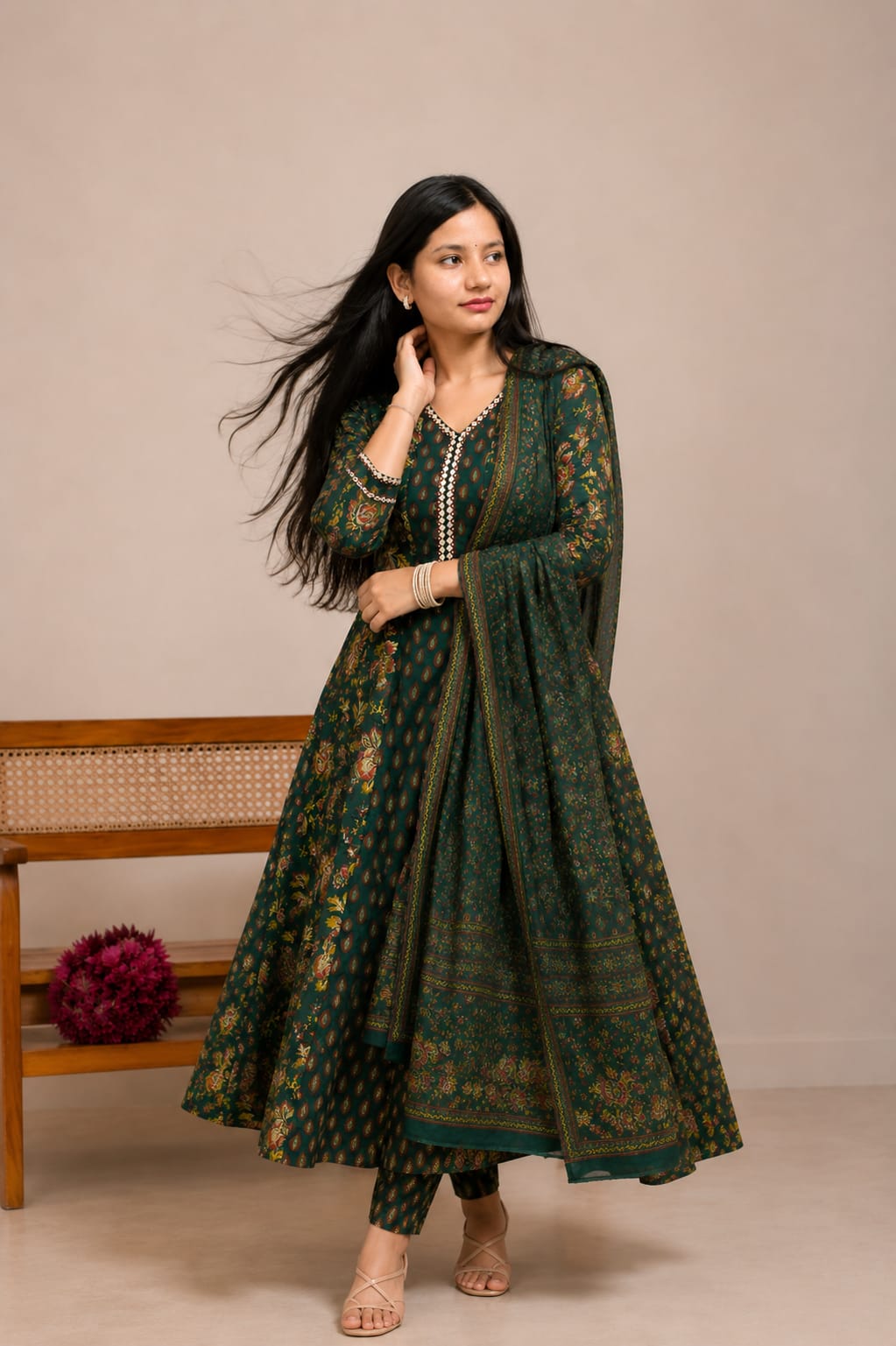 Ruaati Women Mul Cotton Elegant Green Floral Printed Kurta Pant Set with Dupatta