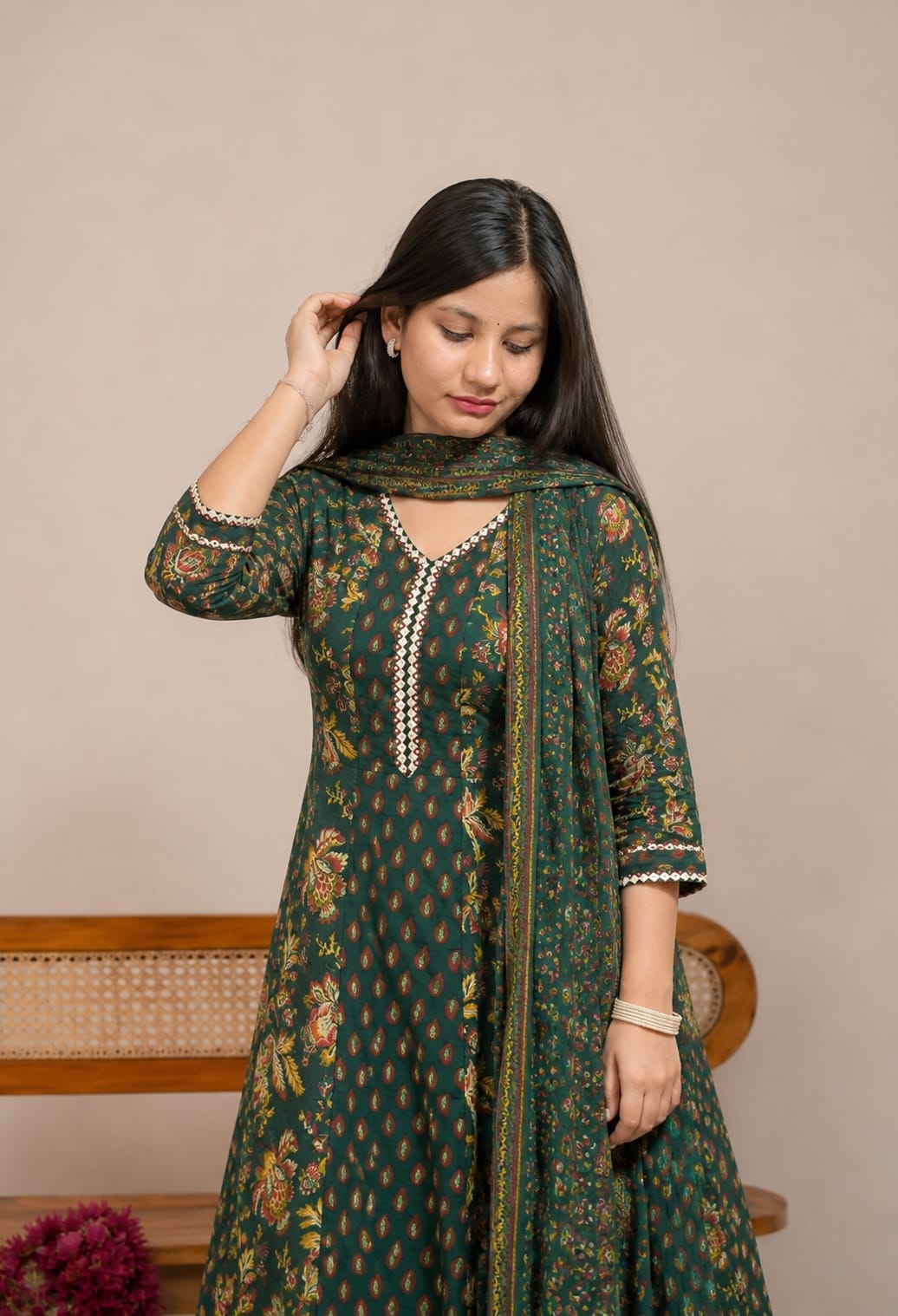 Ruaati Women Mul Cotton Elegant Green Floral Printed Kurta Pant Set with Dupatta