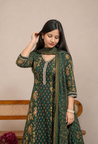 Ruaati Women Mul Cotton Elegant Green Floral Printed Kurta Pant Set with Dupatta