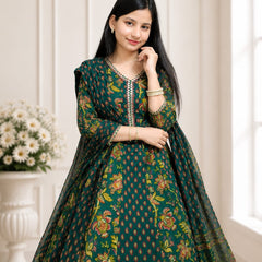 Ruaati Premium Dark Green Floral Printed Anarkali Suit Set with Matching Dupatta