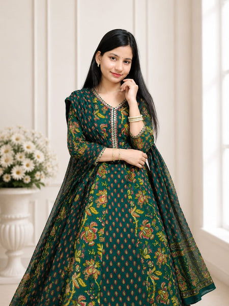 Ruaati Premium Dark Green Floral Printed Anarkali Suit Set with Matching Dupatta