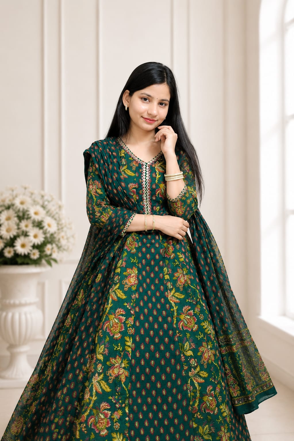 Ruaati Women Mul Cotton Elegant Green Floral Printed Kurta Pant Set with Dupatta