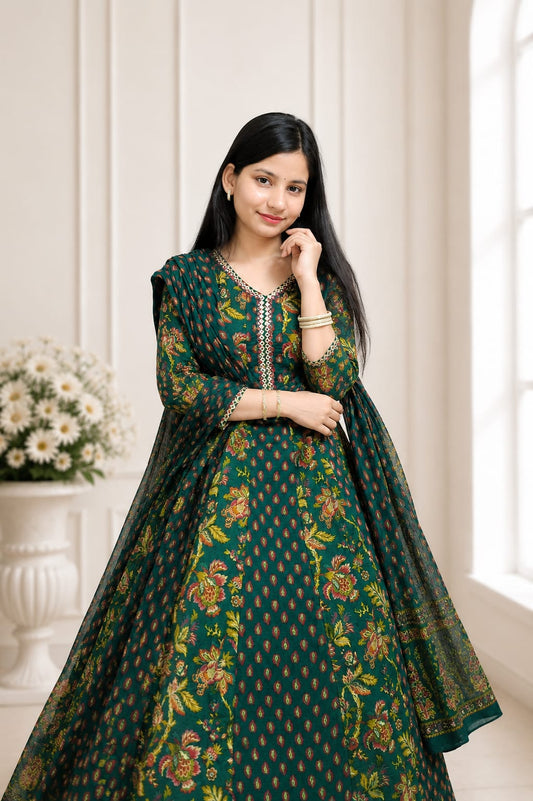 Ruaati Women Mul Cotton Elegant Green Floral Printed Kurta Pant Set with Dupatta