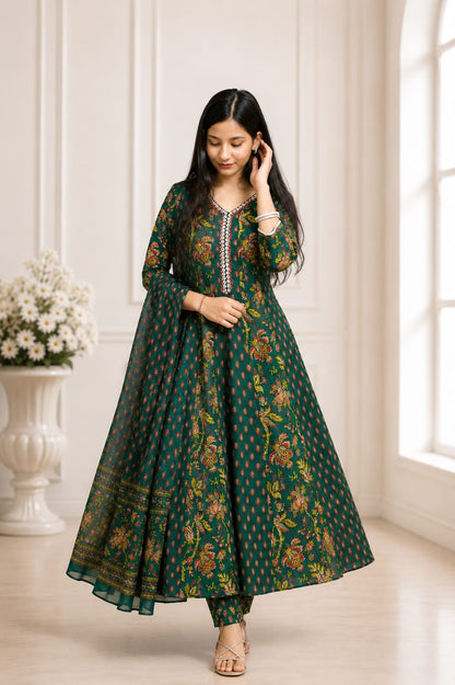 Ruaati Women Mul Cotton Elegant Green Floral Printed Kurta Pant Set with Dupatta