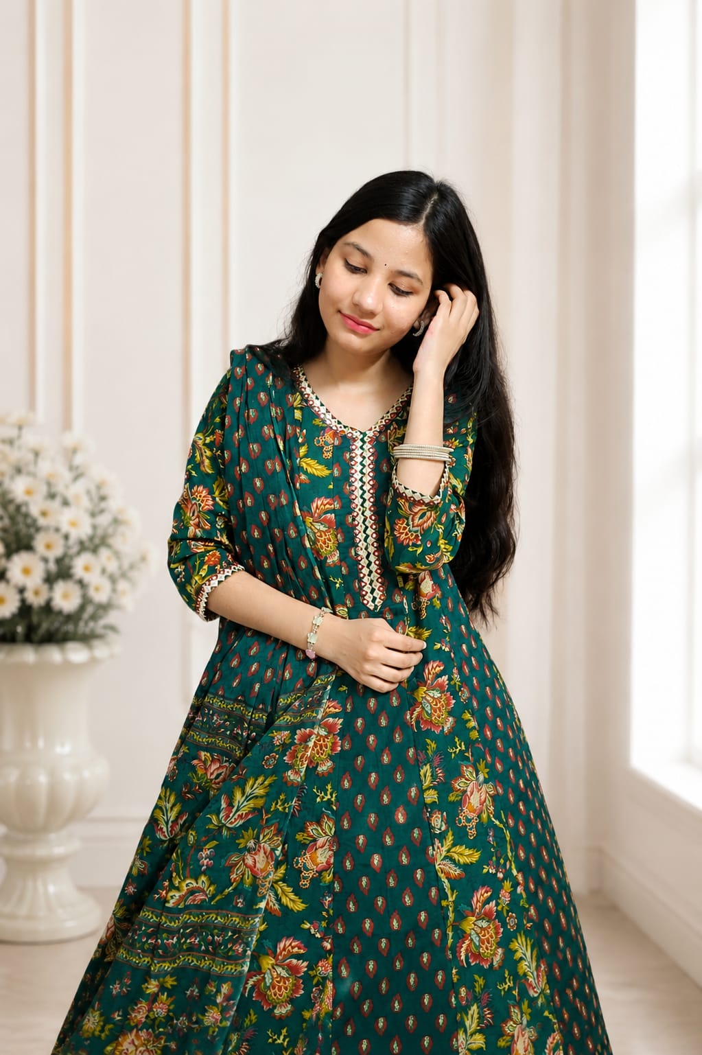 Ruaati Women Mul Cotton Elegant Green Floral Printed Kurta Pant Set with Dupatta