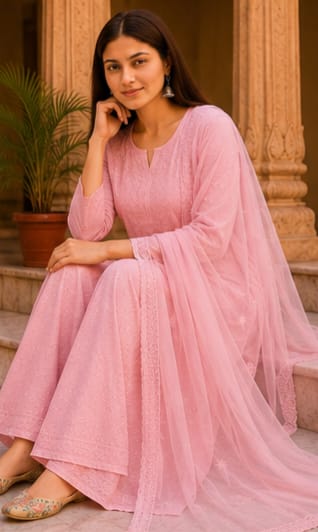 Ruaati Women Pink Mul Chanderi Chickankari Palazzo Set with Dupatta