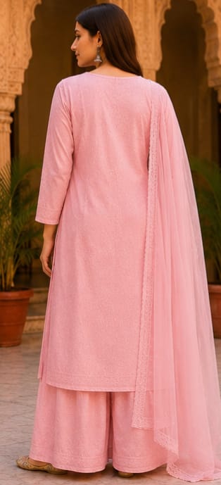 Ruaati Women Pink Mul Chanderi Chickankari Palazzo Set with Dupatta