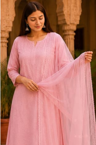 Ruaati Women Pink Mul Chanderi Chickankari Palazzo Set with Dupatta