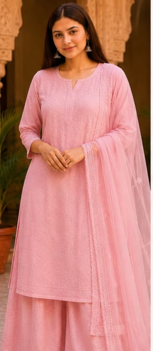 Ruaati Women Pink Mul Chanderi Chickankari Palazzo Set with Dupatta