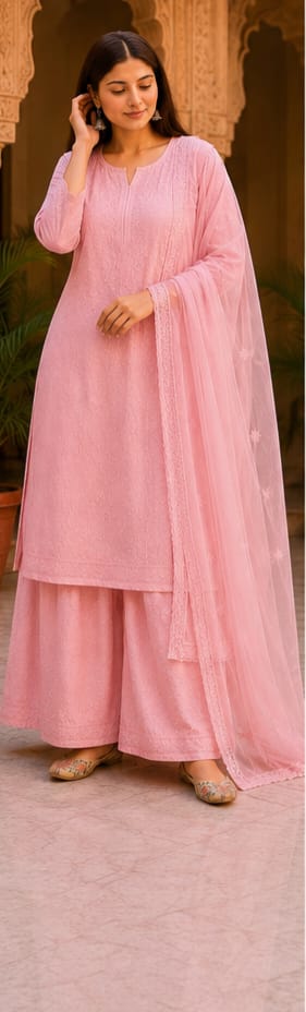 Ruaati Women Pink Mul Chanderi Chickankari Palazzo Set with Dupatta