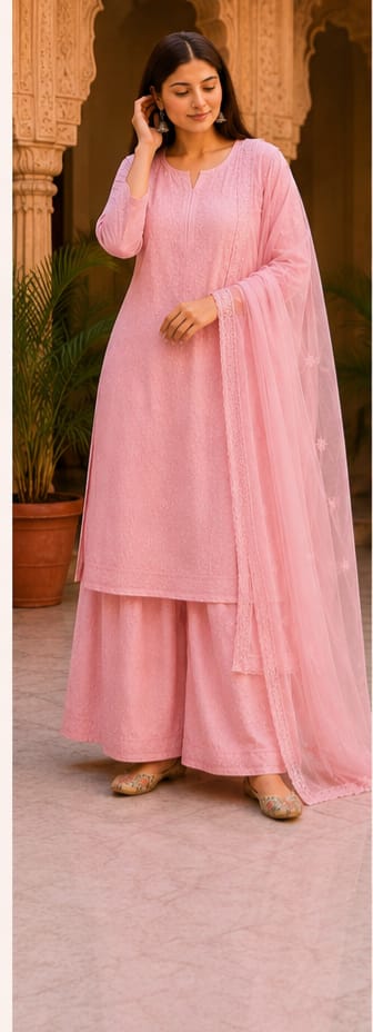 Ruaati Women Pink Mul Chanderi Chickankari Palazzo Set with Dupatta