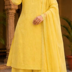 Ruaati Premium Yellow Mul Chanderi Embroidered Suit Set with Palazzo & Dupatta