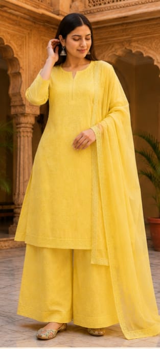 Ruaati Women Yellow Mul Chanderi Chickankari Palazzo Set with Dupatta