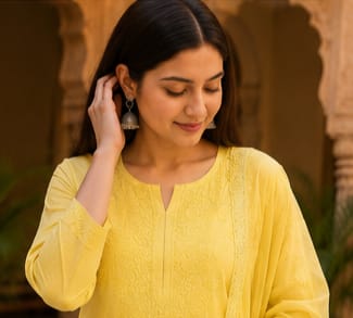 Ruaati Women Yellow Mul Chanderi Chickankari Palazzo Set with Dupatta