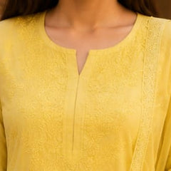 Ruaati Premium Yellow Mul Chanderi Embroidered Suit Set with Palazzo & Dupatta