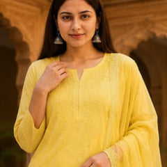 Ruaati Premium Yellow Mul Chanderi Embroidered Suit Set with Palazzo & Dupatta