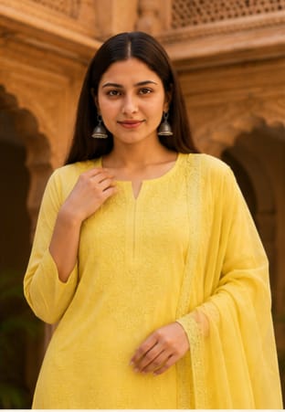 Ruaati Women Yellow Mul Chanderi Chickankari Palazzo Set with Dupatta