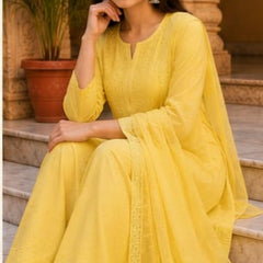 Ruaati Premium Yellow Mul Chanderi Embroidered Suit Set with Palazzo & Dupatta