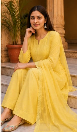 Ruaati Women Yellow Mul Chanderi Chickankari Palazzo Set with Dupatta