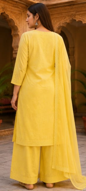 Ruaati Women Yellow Mul Chanderi Chickankari Palazzo Set with Dupatta